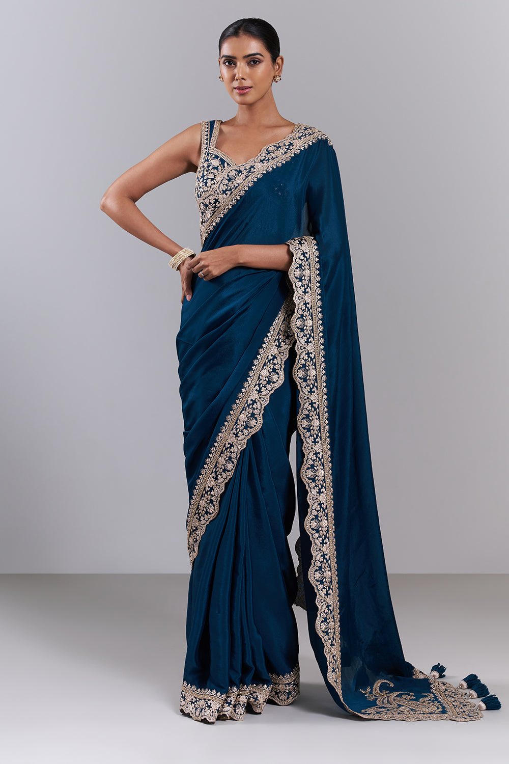 Teal Blue Chiffon Embroidered Saree And Stitched Blouse