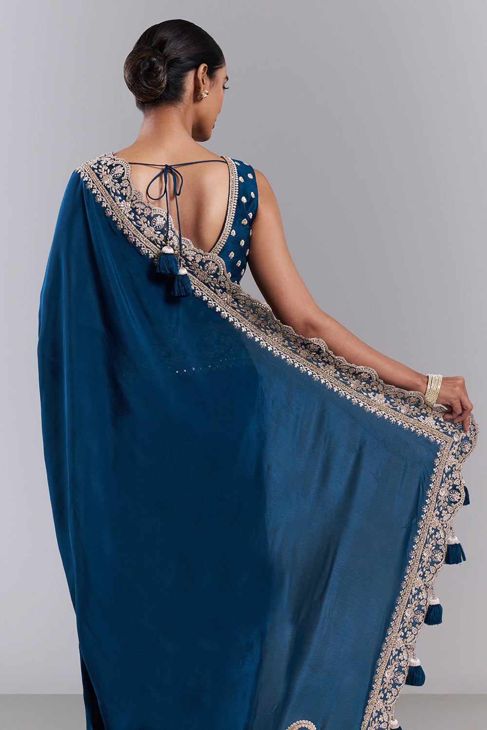 Teal Blue Chiffon Embroidered Saree And Stitched Blouse
