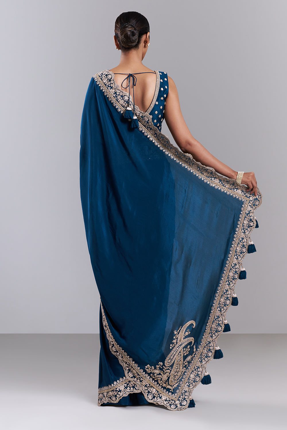 Teal Blue Chiffon Embroidered Saree And Stitched Blouse