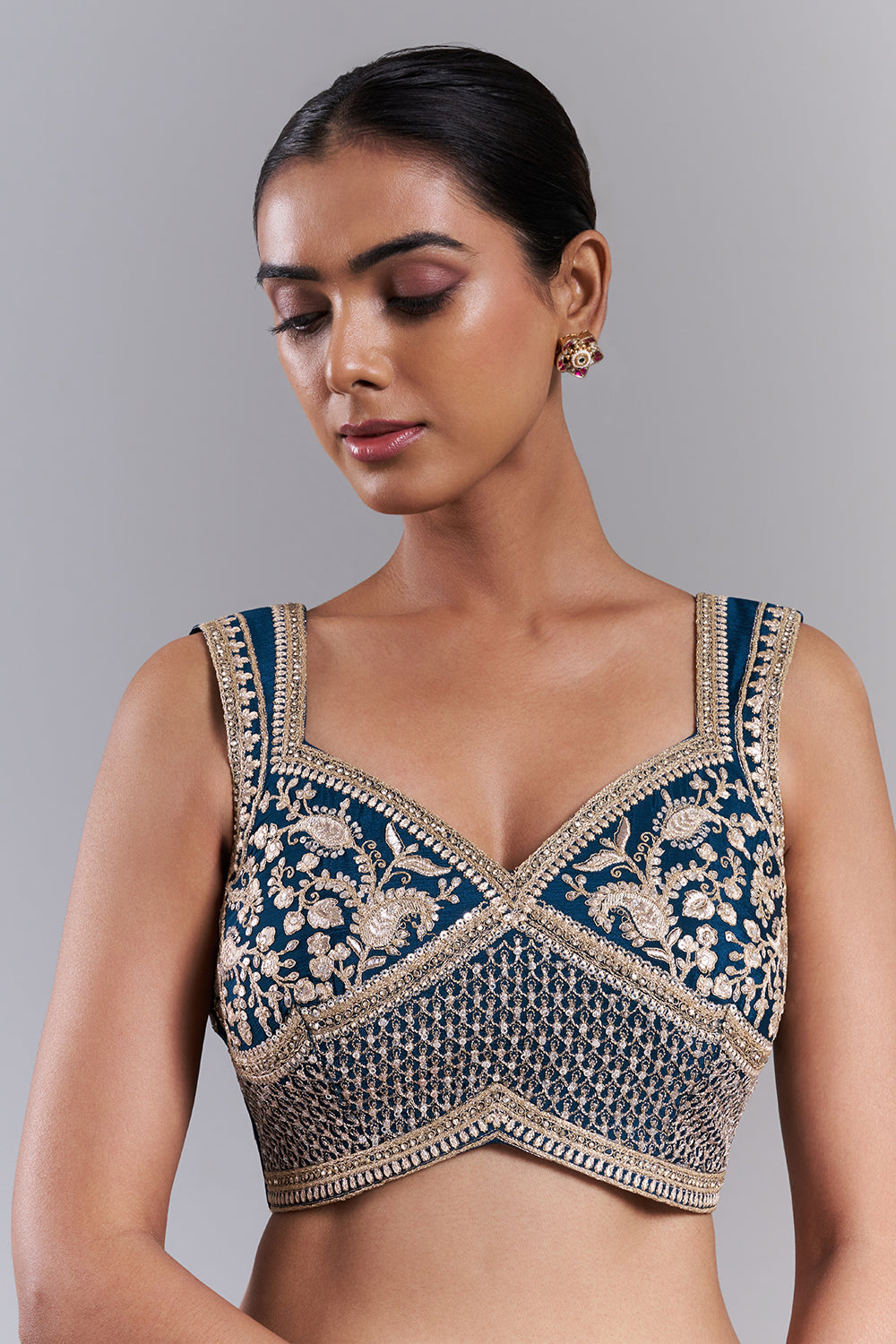 Teal Blue Chiffon Embroidered Saree And Stitched Blouse