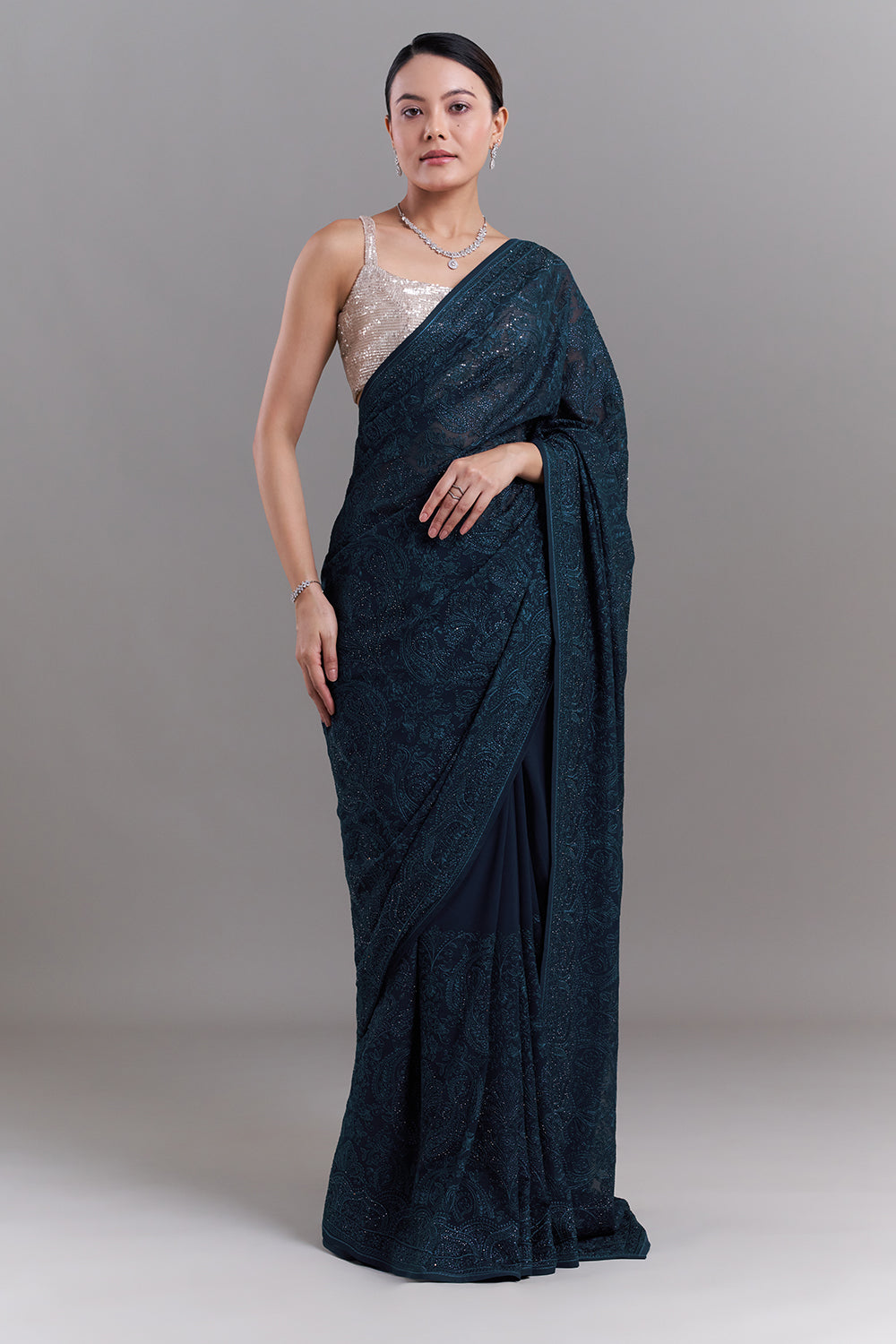 Teal Blue Georgette Saree with Resham Detailing