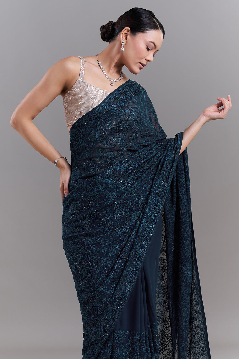 Teal Blue Georgette Saree with Resham Detailing
