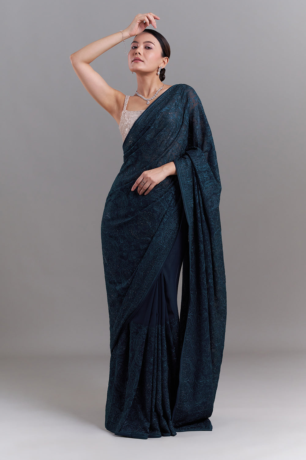 Teal Blue Georgette Saree with Resham Detailing