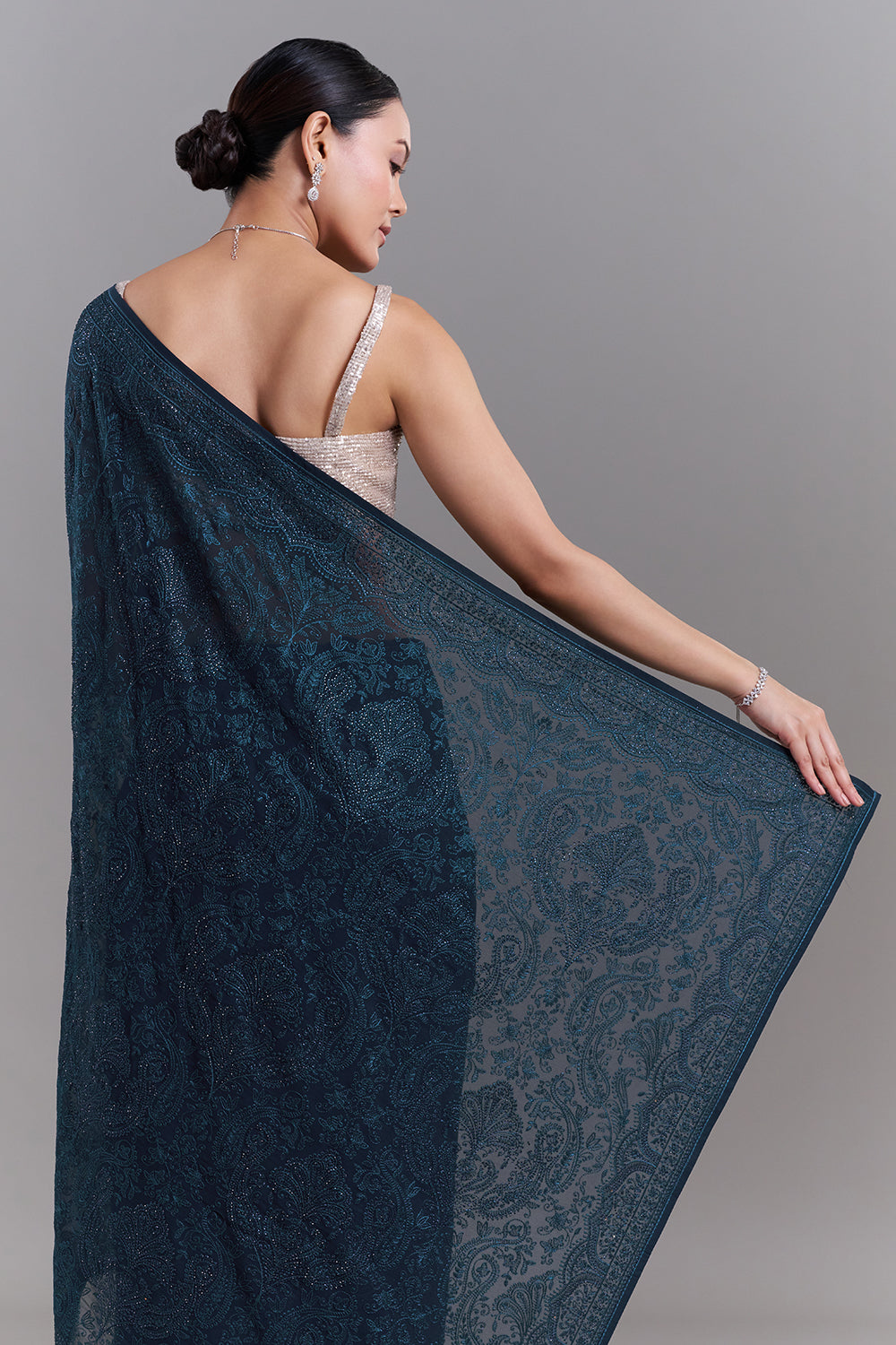 Teal Blue Georgette Saree with Resham Detailing
