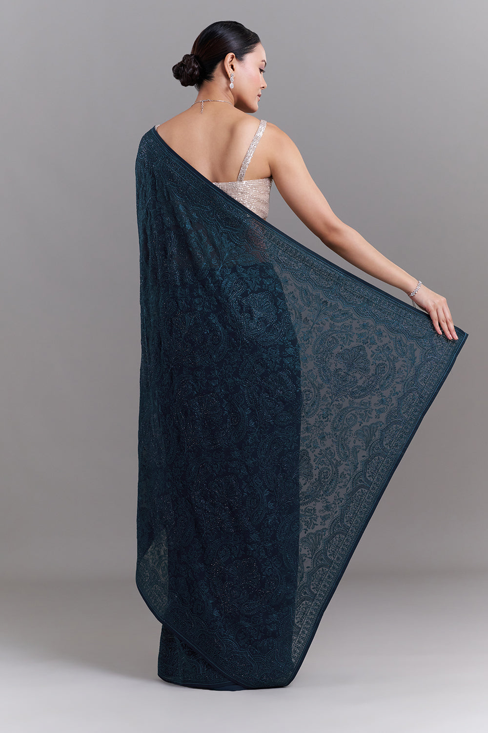 Teal Blue Georgette Saree with Resham Detailing