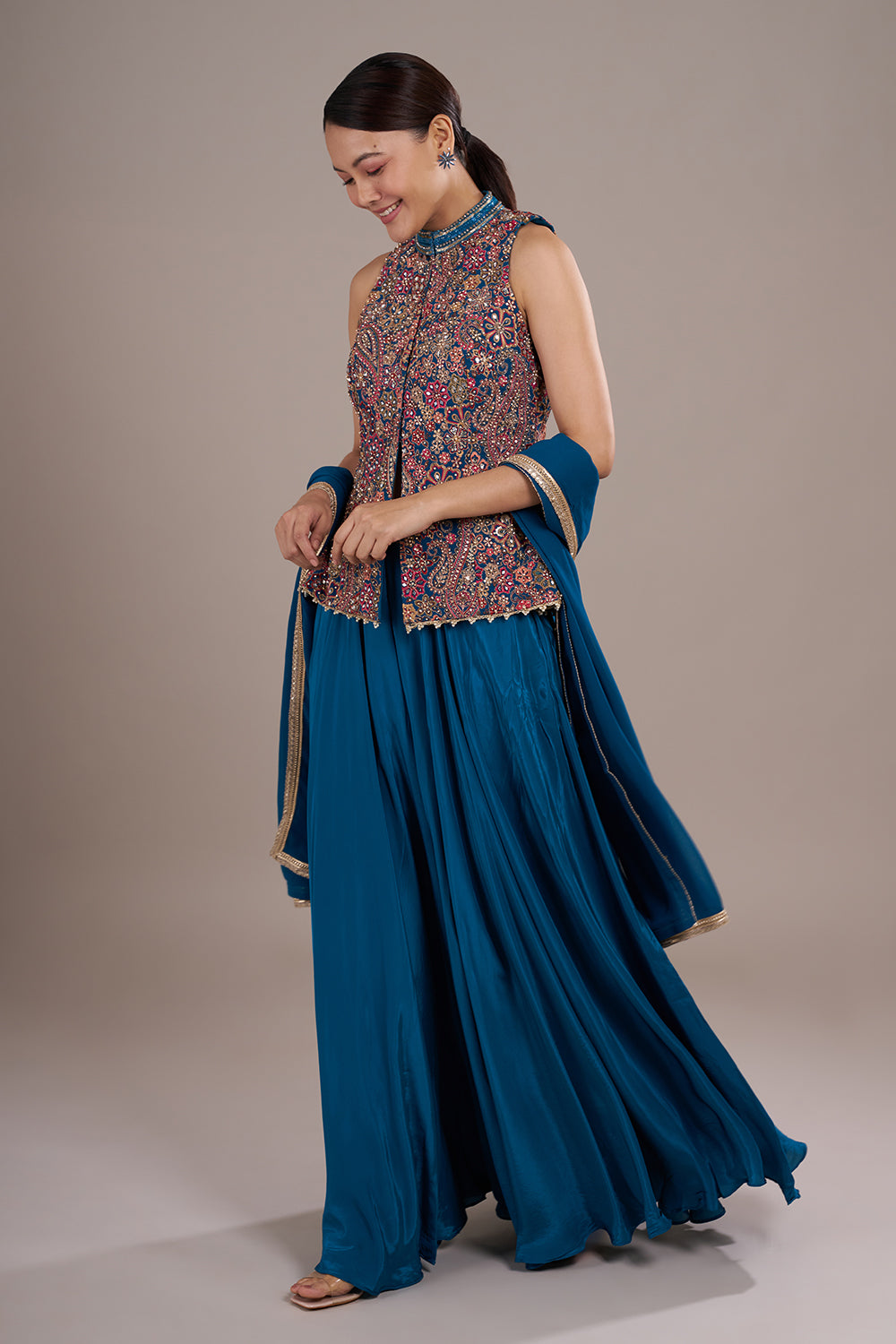 Teal Blue Georgette Sharara Set with Multi-Thread Embroidery