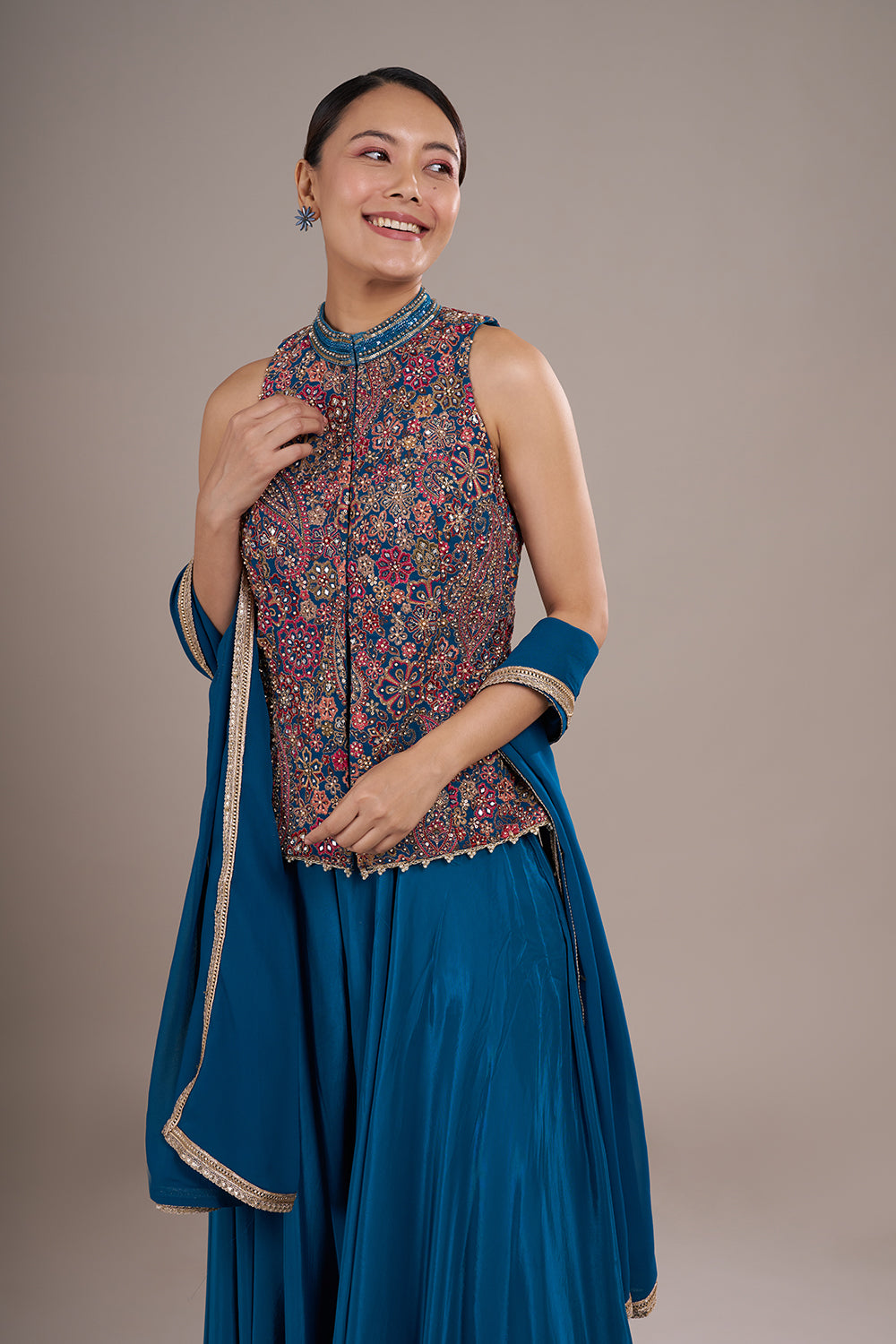 Teal Blue Georgette Sharara Set with Multi-Thread Embroidery