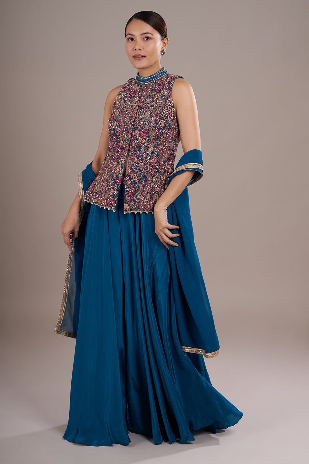 Teal Blue Georgette Sharara Set with Multi-Thread Embroidery