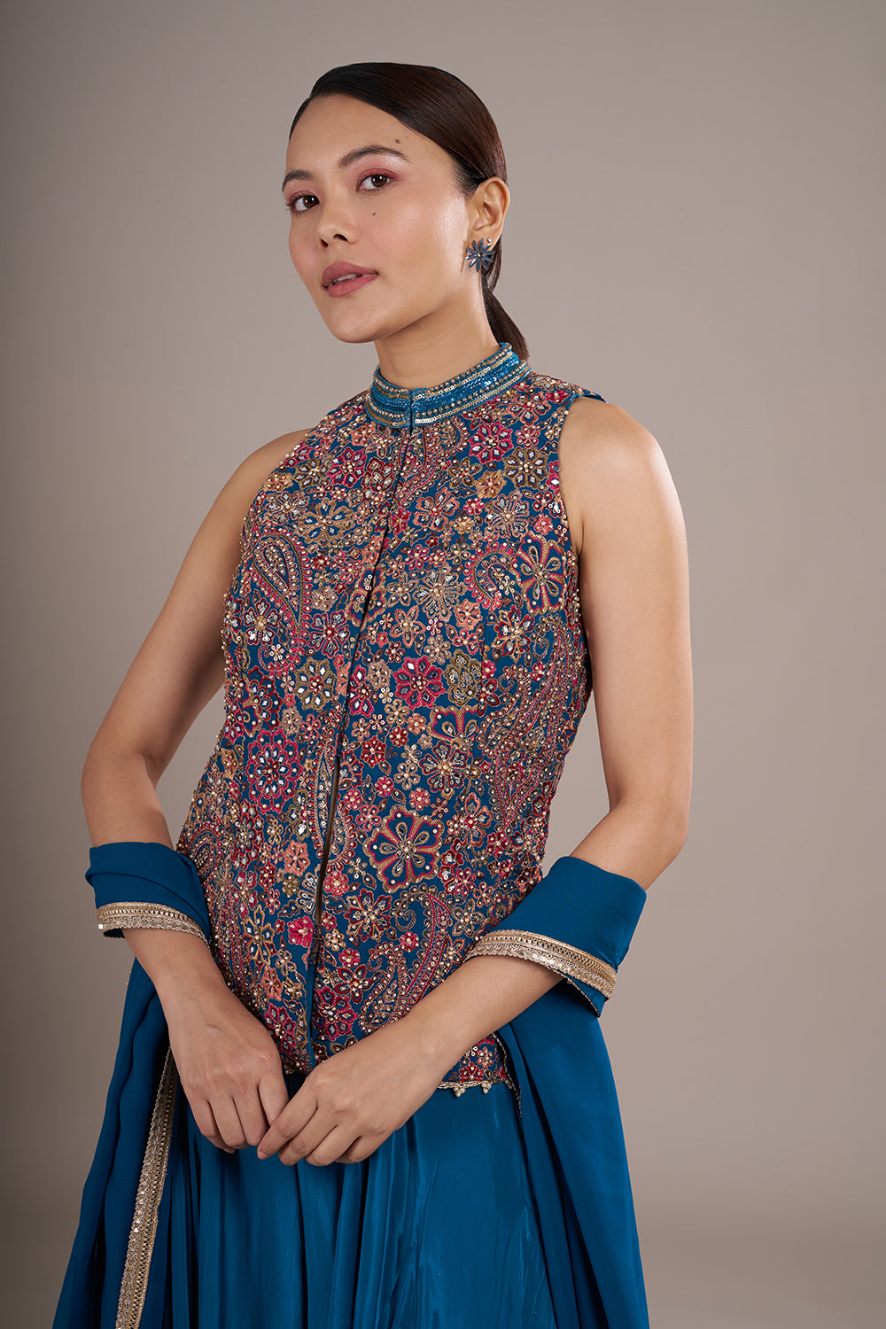 Teal Blue Georgette Sharara Set with Multi-Thread Embroidery