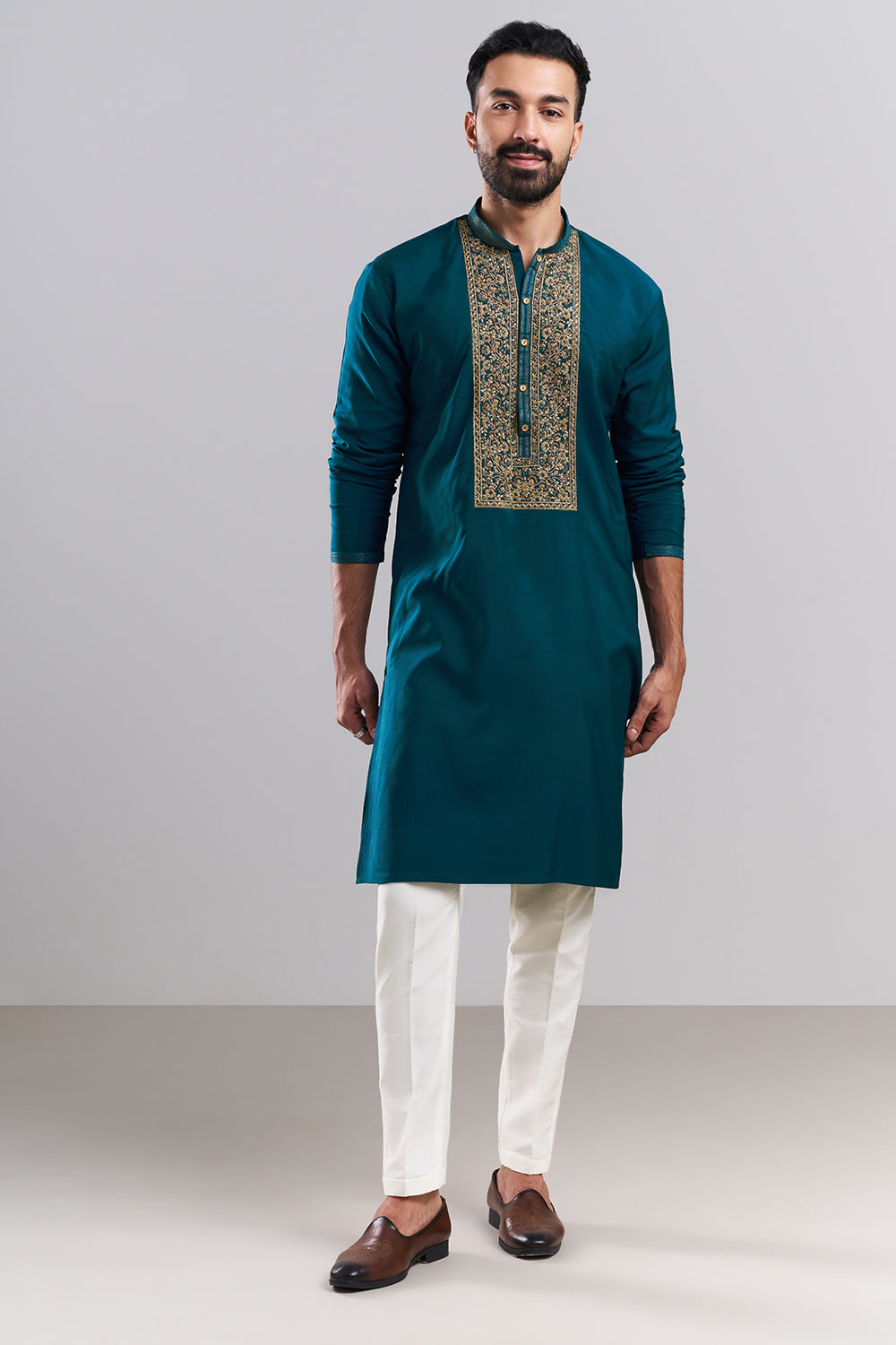 Teal Blue Linen Satin Embroidered Men’s Kurta Set