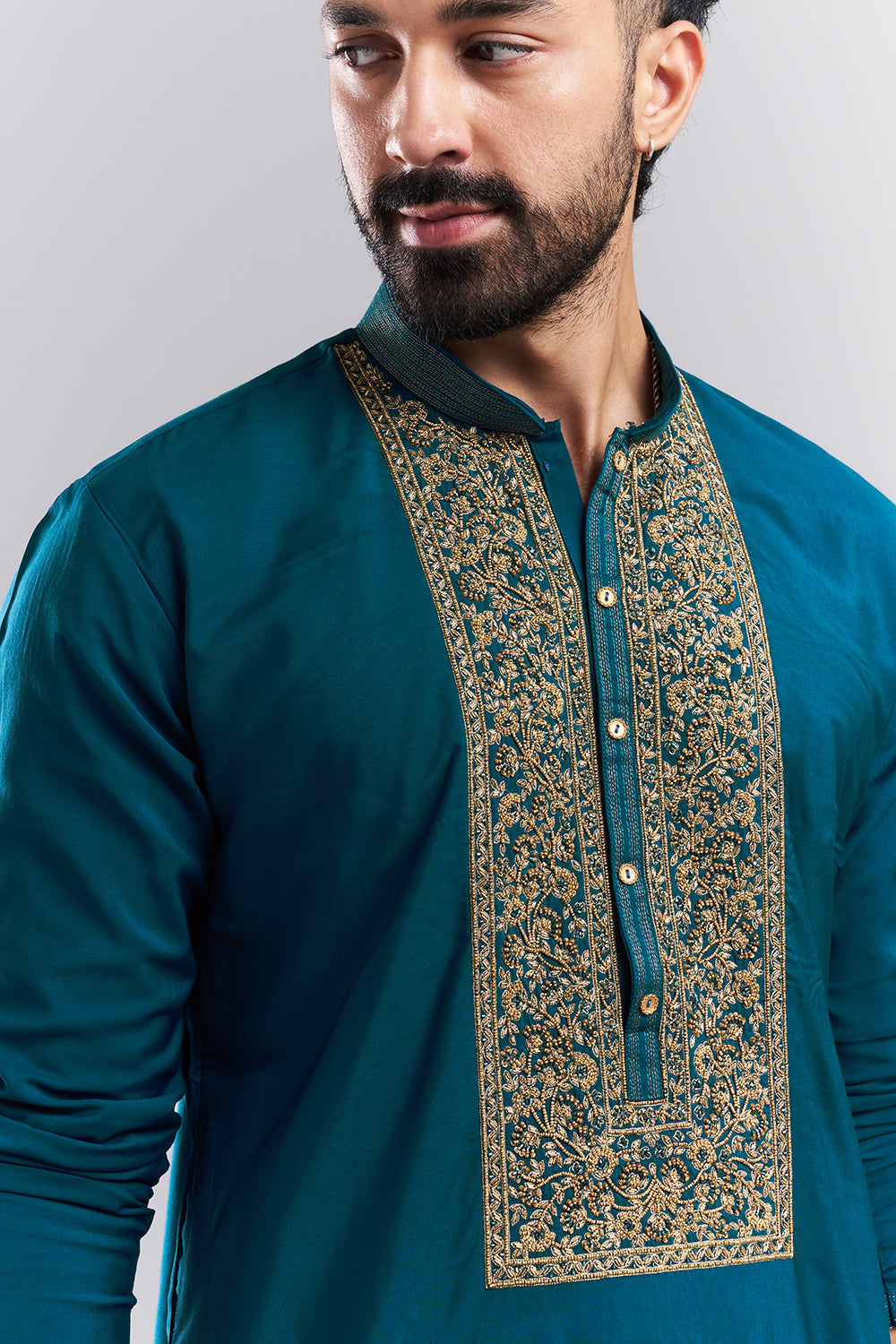 Teal Blue Linen Satin Embroidered Men’s Kurta Set