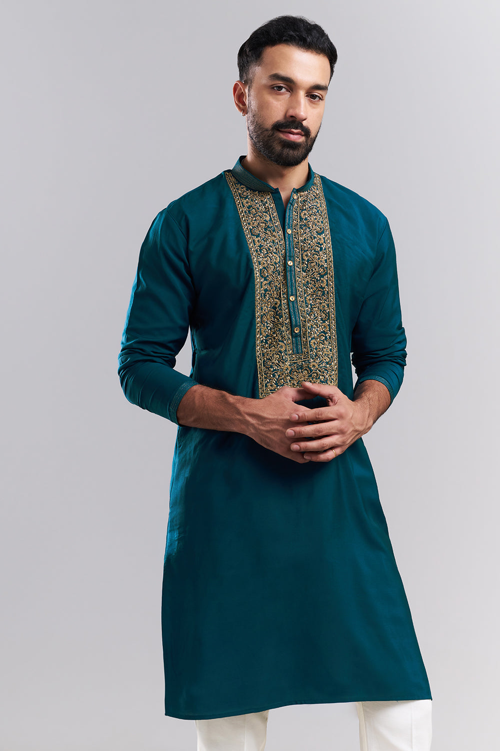 Teal Blue Linen Satin Embroidered Men’s Kurta Set