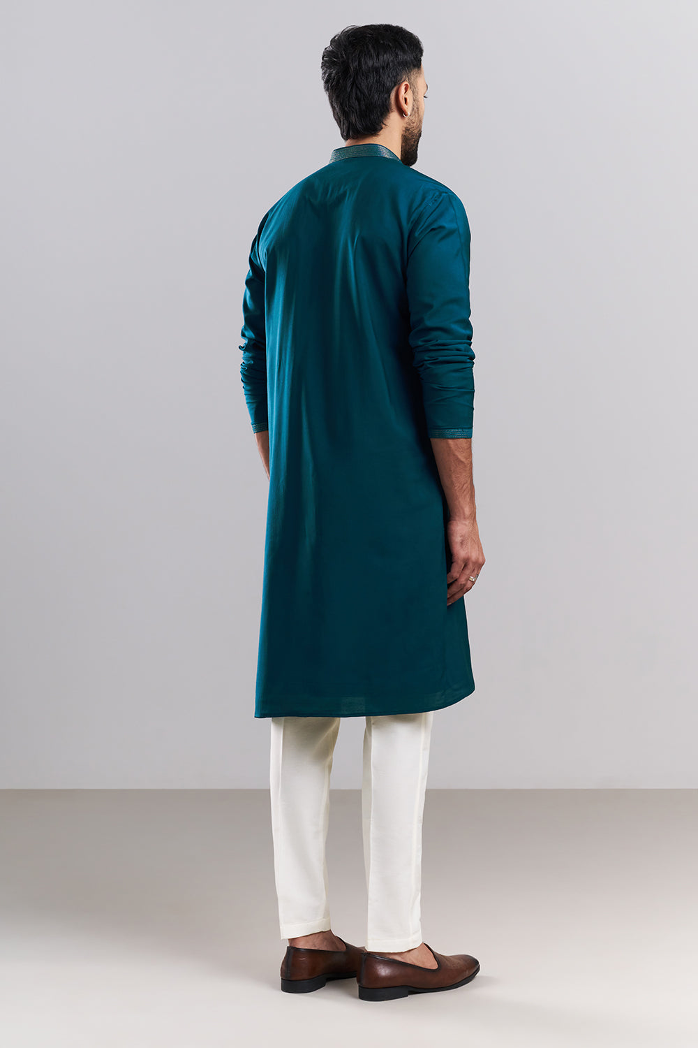 Teal Blue Linen Satin Embroidered Men’s Kurta Set