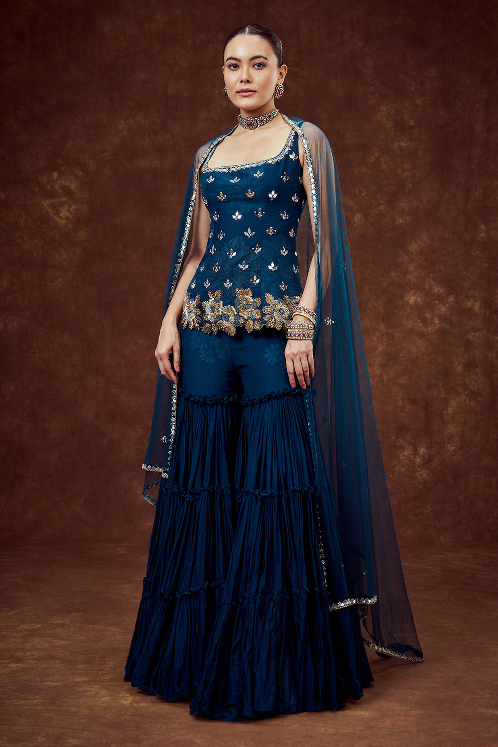 Teal Blue Mul Cotton Sharara Set with Zardozi Work