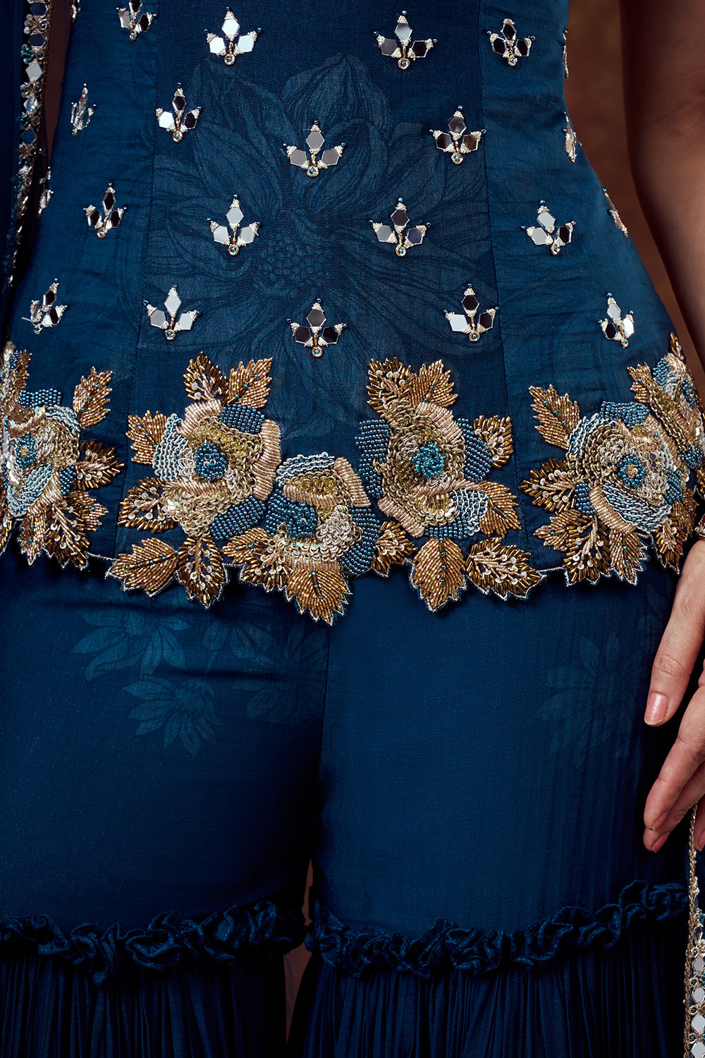 Teal Blue Mul Cotton Sharara Set with Zardozi Work