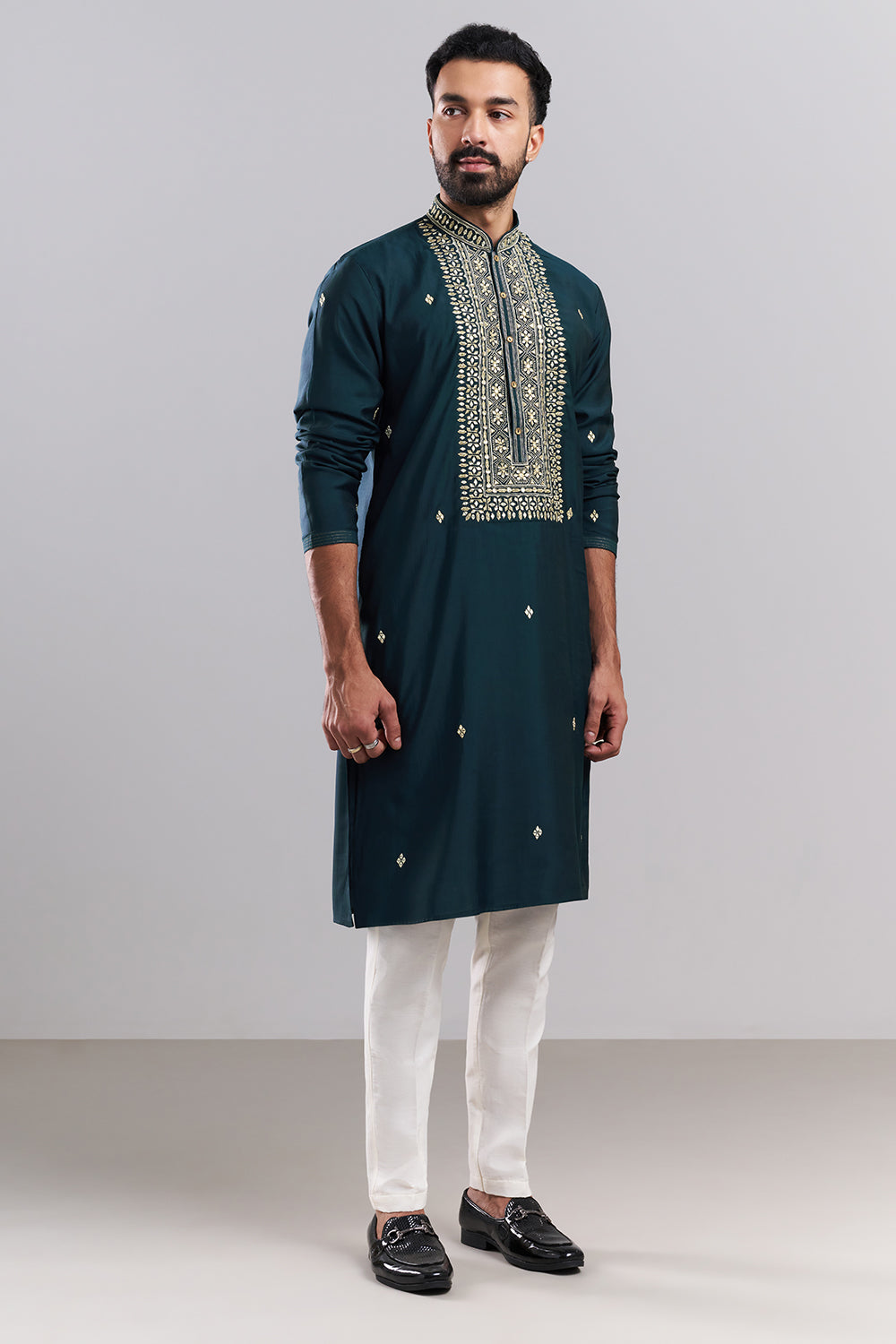 Teal Blue Nokia Silk Embroidered Men’s Kurta Set