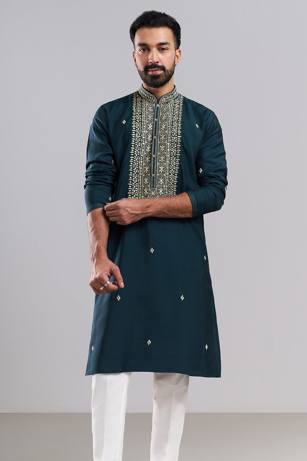 Teal Blue Nokia Silk Embroidered Men’s Kurta Set