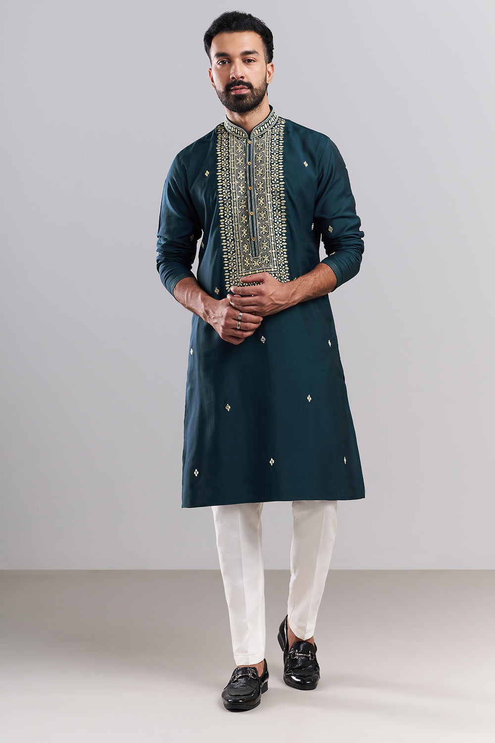 Teal Blue Nokia Silk Embroidered Men’s Kurta Set