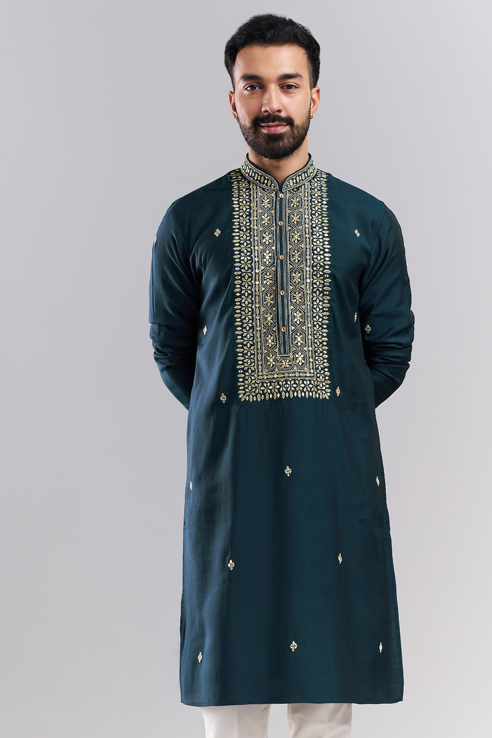 Teal Blue Nokia Silk Embroidered Men’s Kurta Set