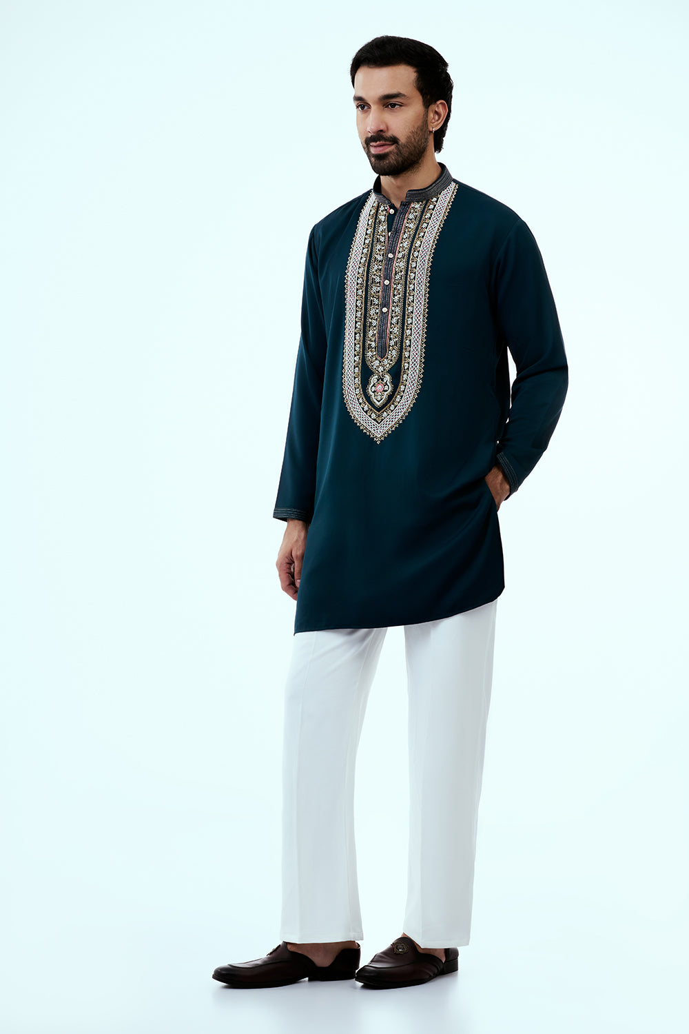 Teal Blue Premium Crepe Mens Kurta Set with Hand Embroidery