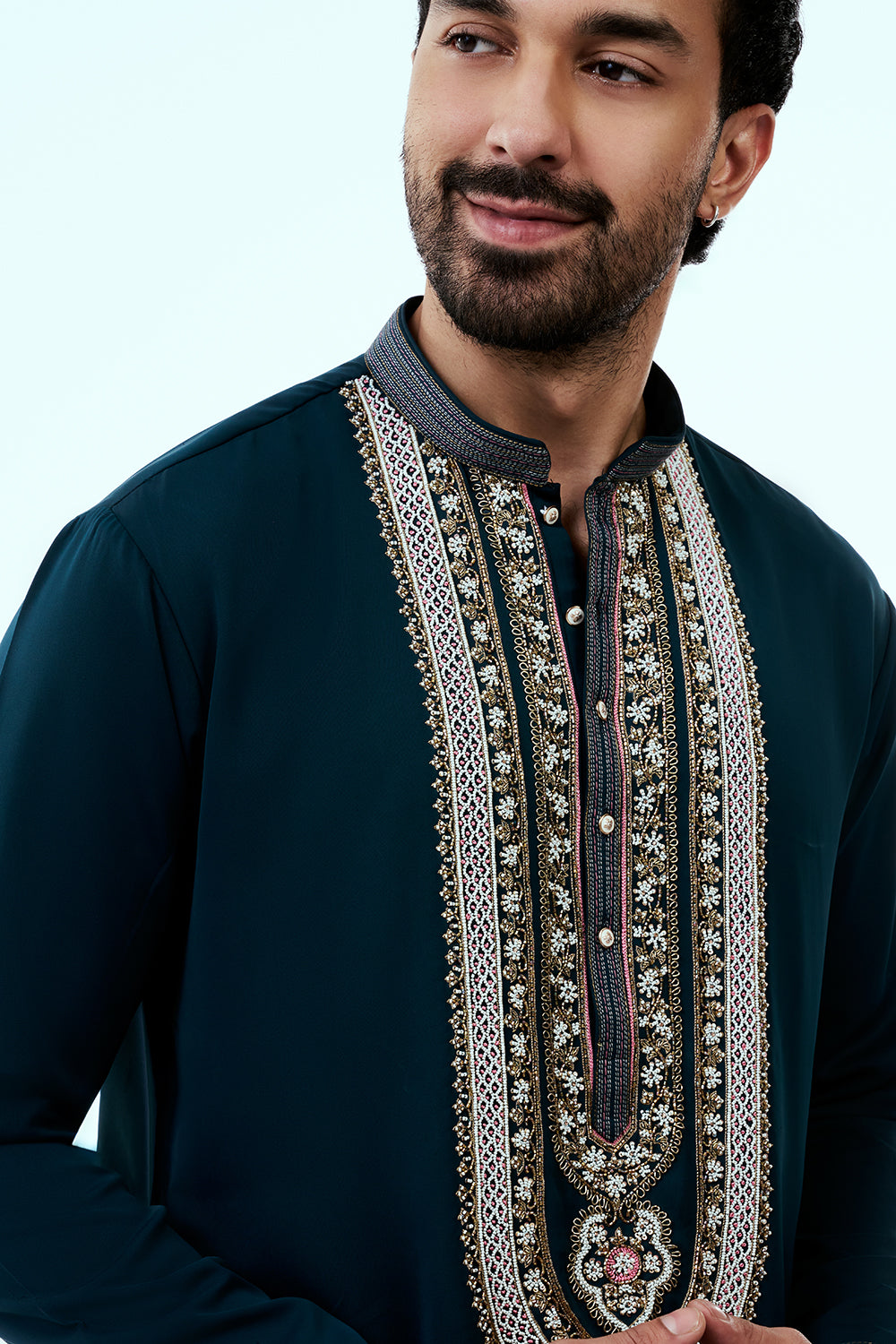 Teal Blue Premium Crepe Mens Kurta Set with Hand Embroidery