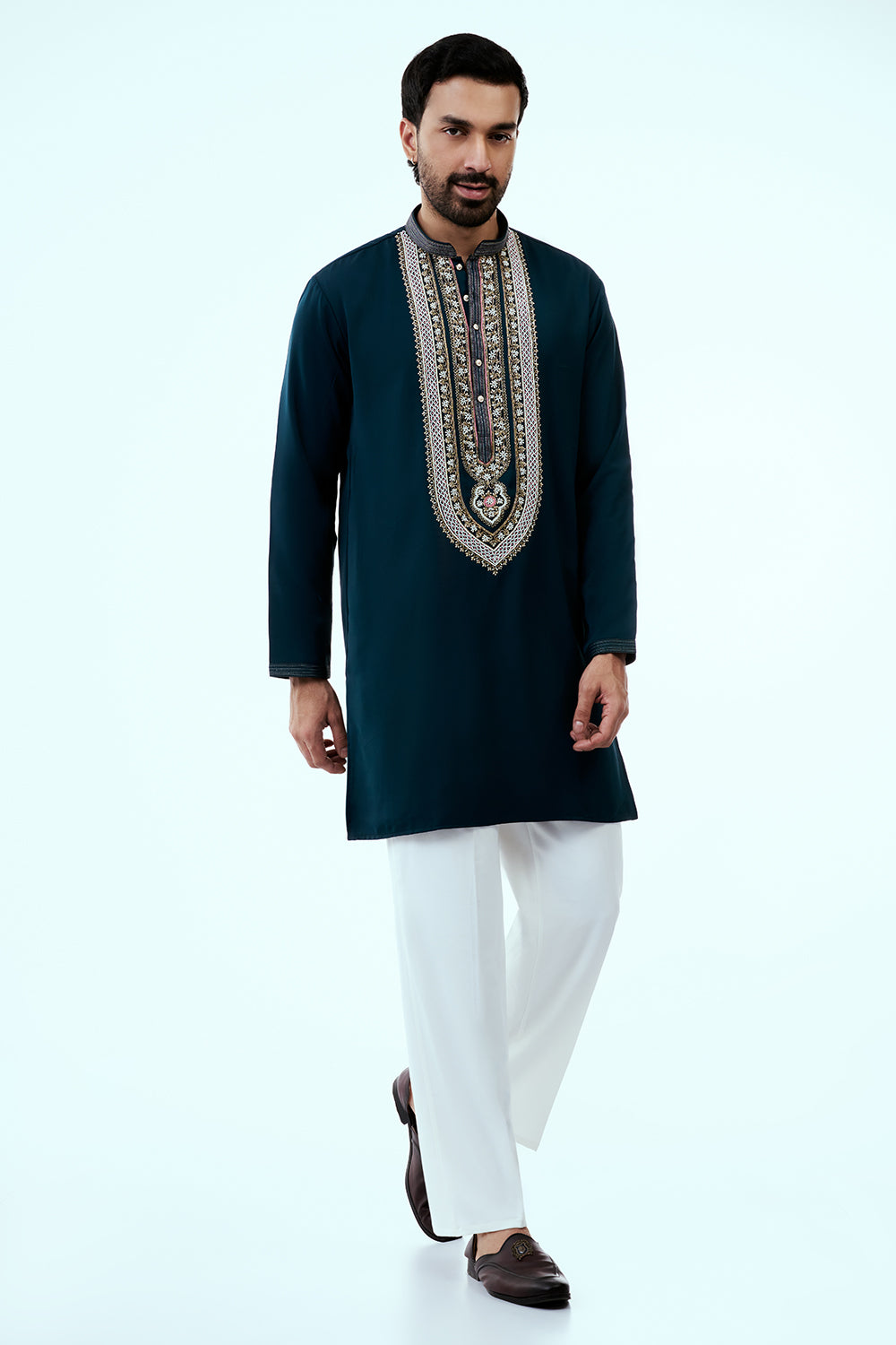 Teal Blue Premium Crepe Mens Kurta Set with Hand Embroidery