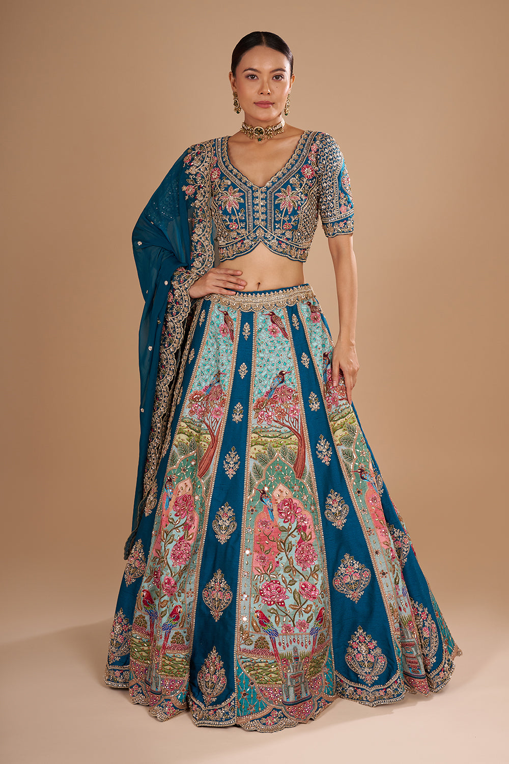 Teal Blue Pure Silk Lehenga Set with 3D Floral Embroidery