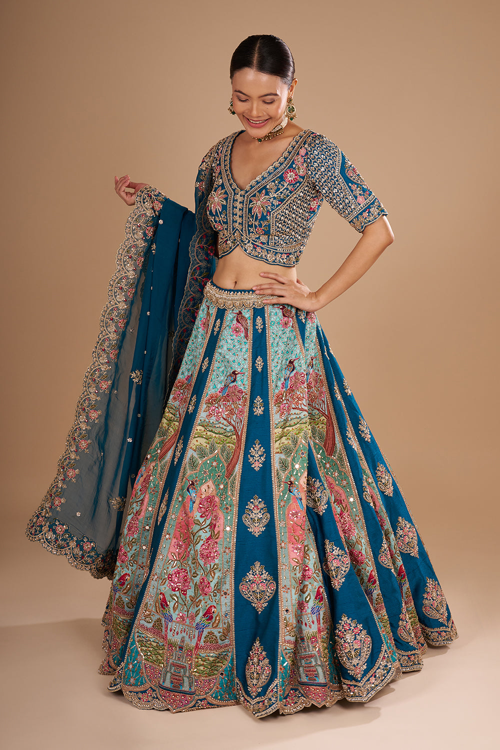Teal Blue Pure Silk Lehenga Set with 3D Floral Embroidery