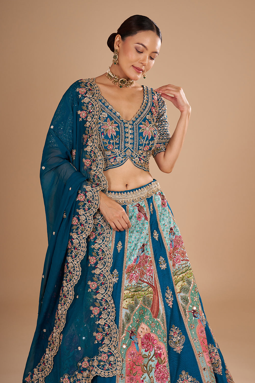 Teal Blue Pure Silk Lehenga Set with 3D Floral Embroidery