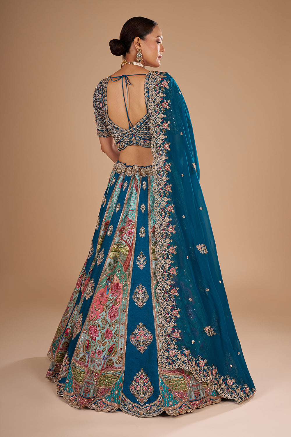 Teal Blue Pure Silk Lehenga Set with 3D Floral Embroidery