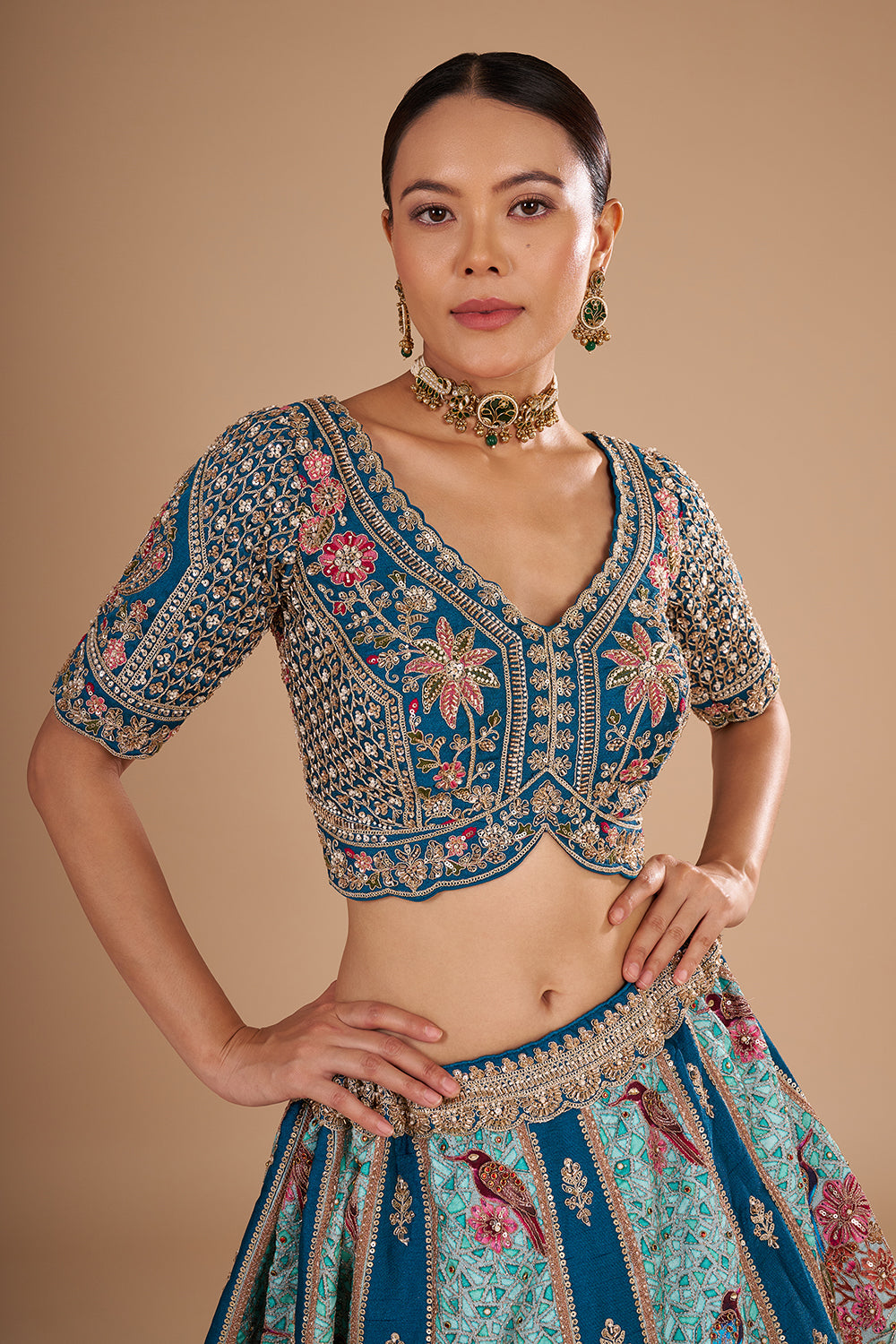 Teal Blue Pure Silk Lehenga Set with 3D Floral Embroidery
