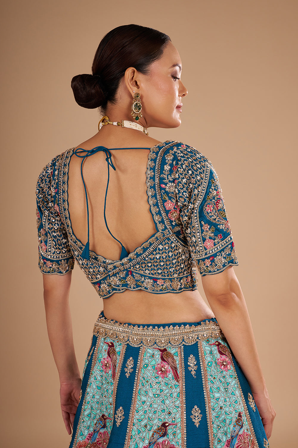 Teal Blue Pure Silk Lehenga Set with 3D Floral Embroidery