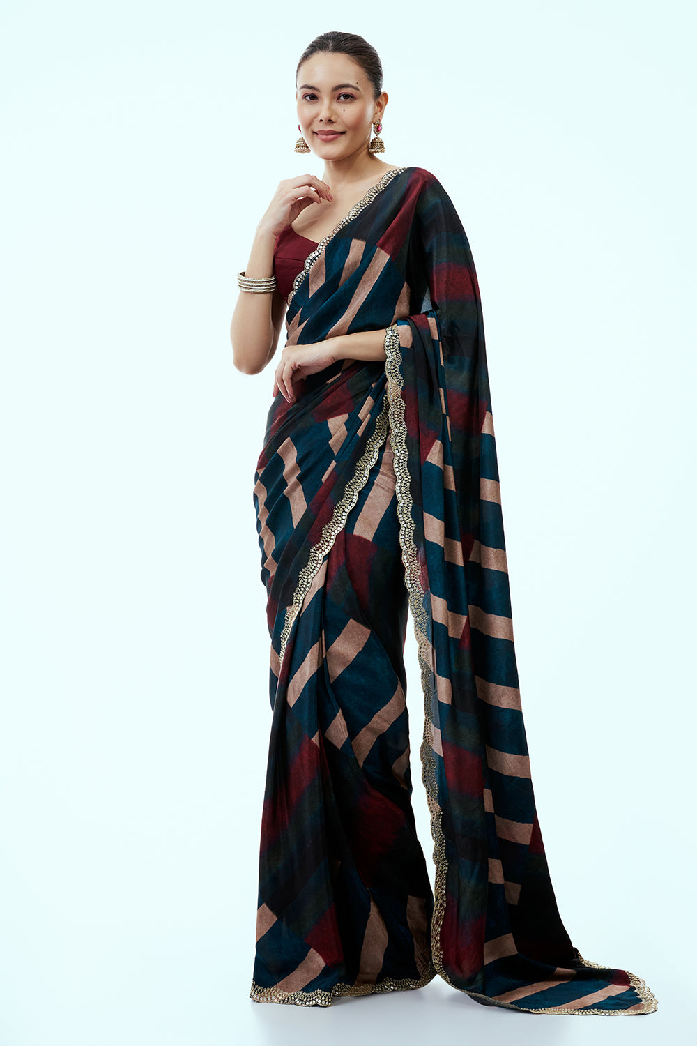 Teal Blue Saree with Chevron Stripes and Unstitched Blouse
