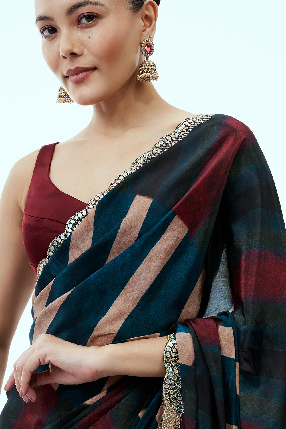 Teal Blue Saree with Chevron Stripes and Unstitched Blouse