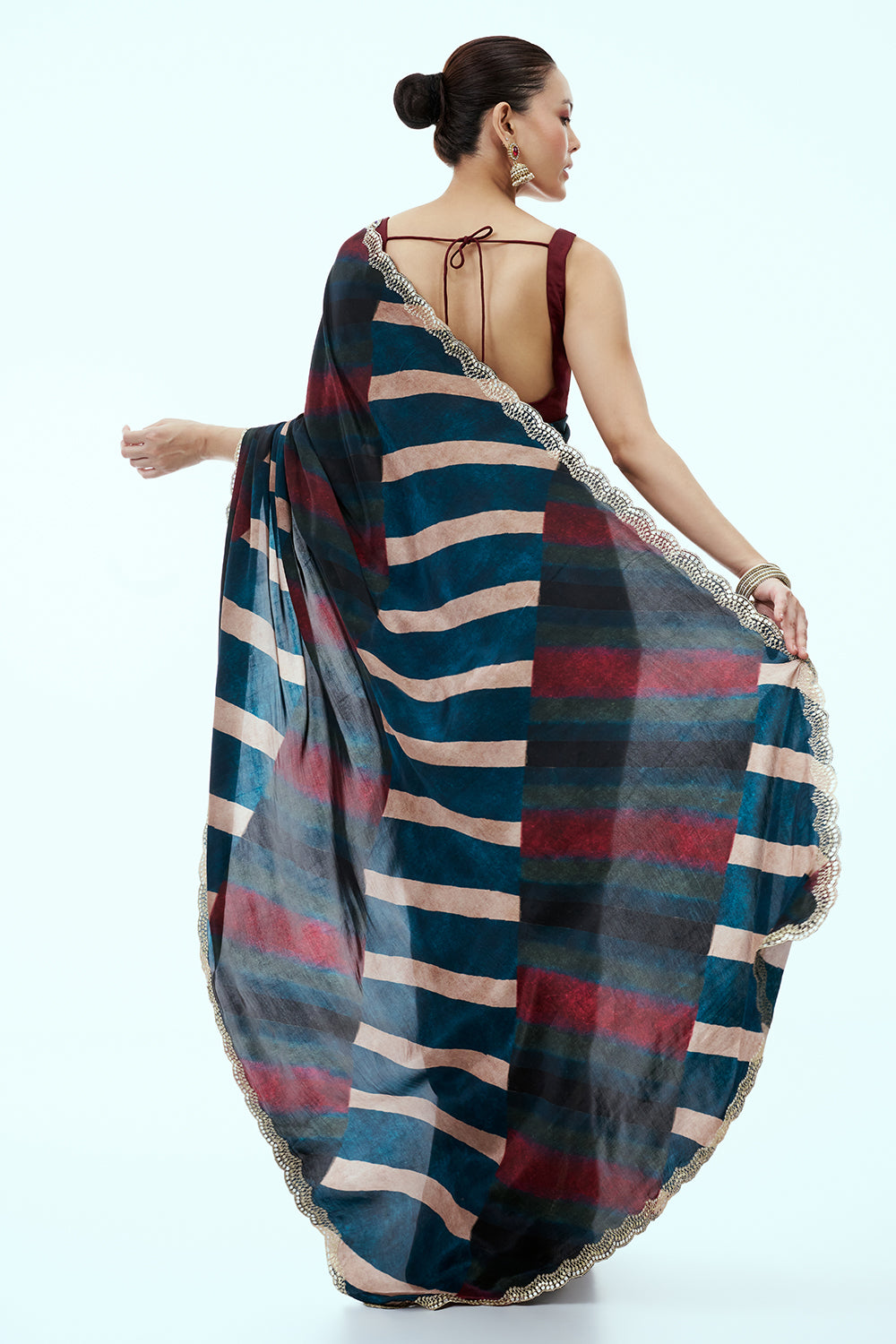 Teal Blue Saree with Chevron Stripes and Unstitched Blouse