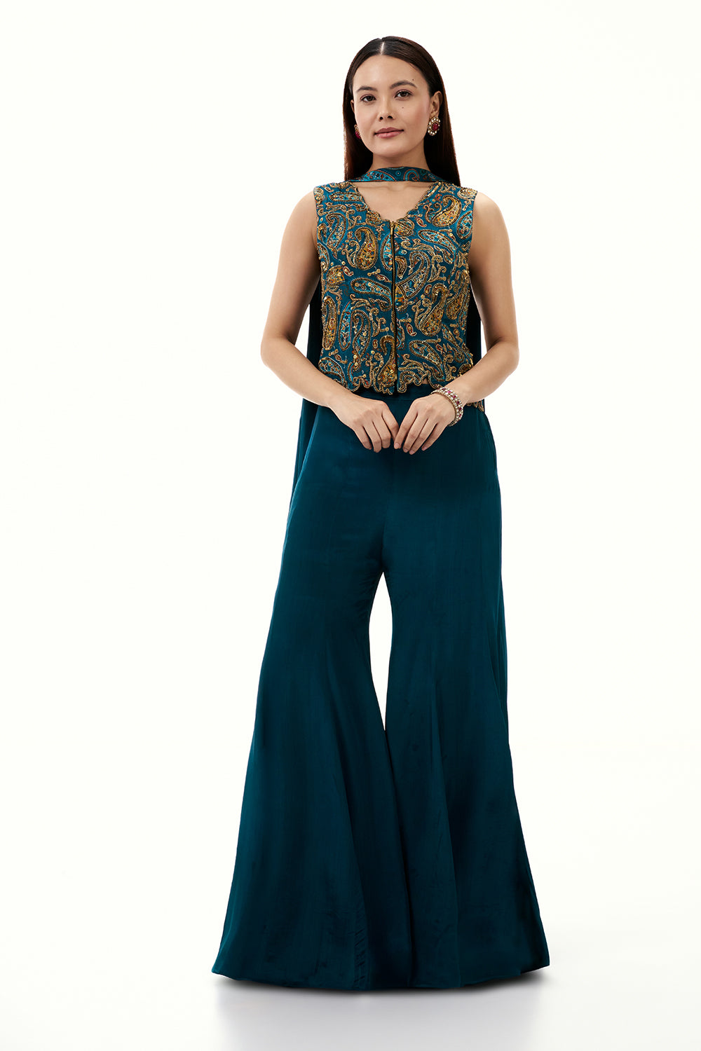 Teal Blue Satin Crepe Palazzo Suit with Sequin and Zari Work