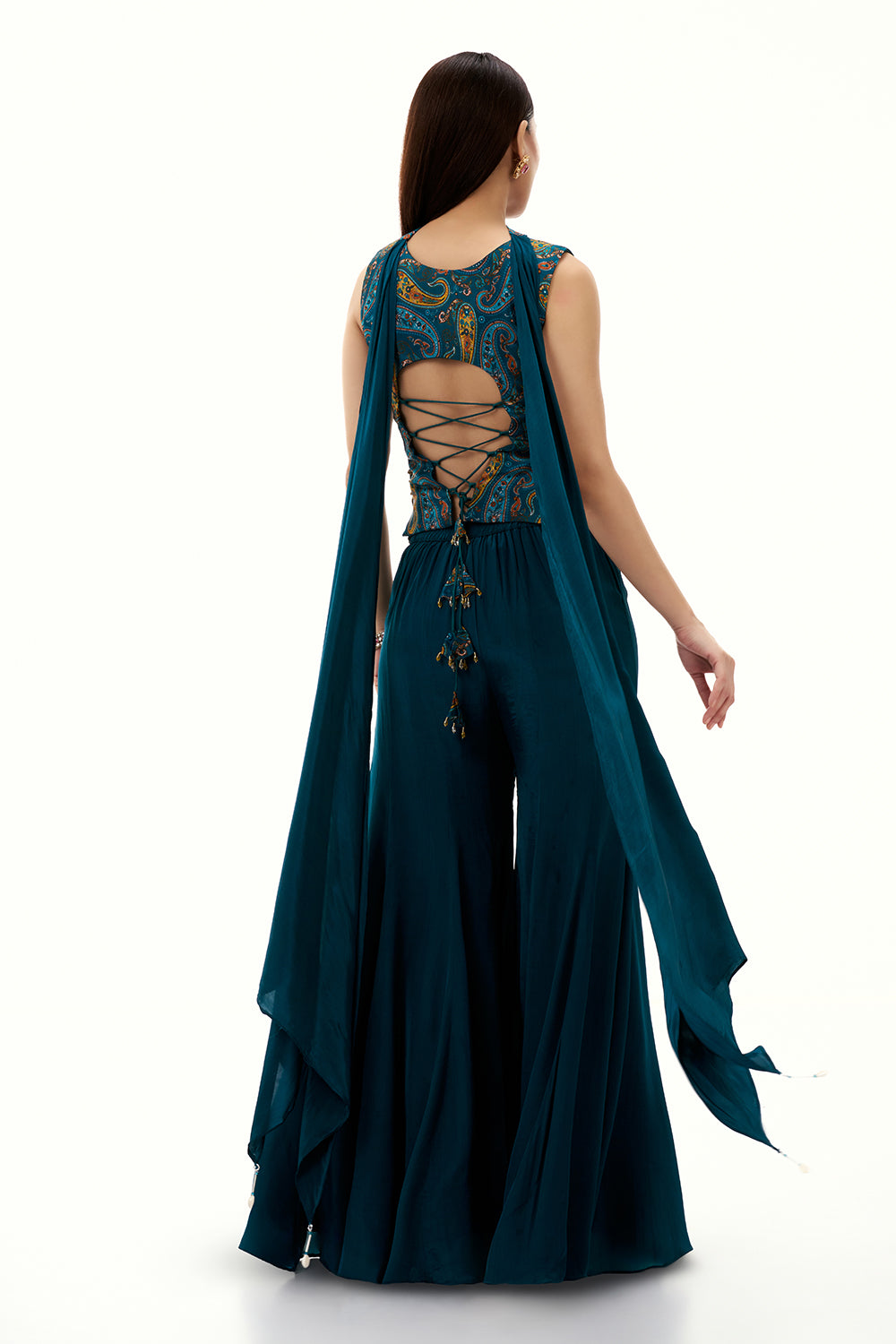 Teal Blue Satin Crepe Palazzo Suit with Sequin and Zari Work