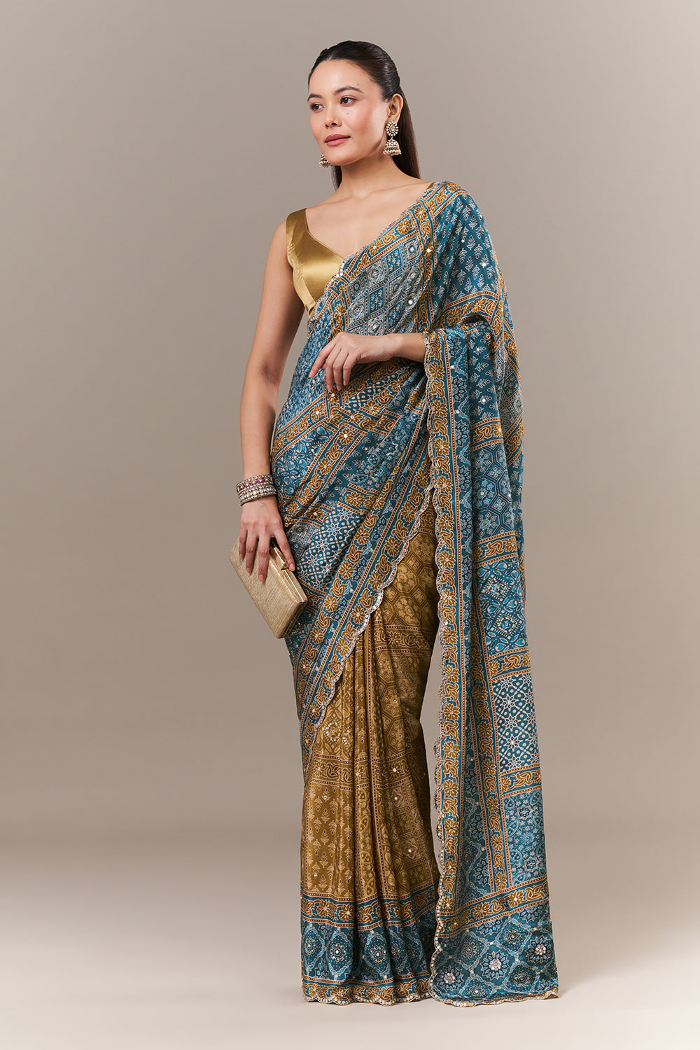 Teal Blue Satin Crepe Woven Saree with Mirror and Sequin Work