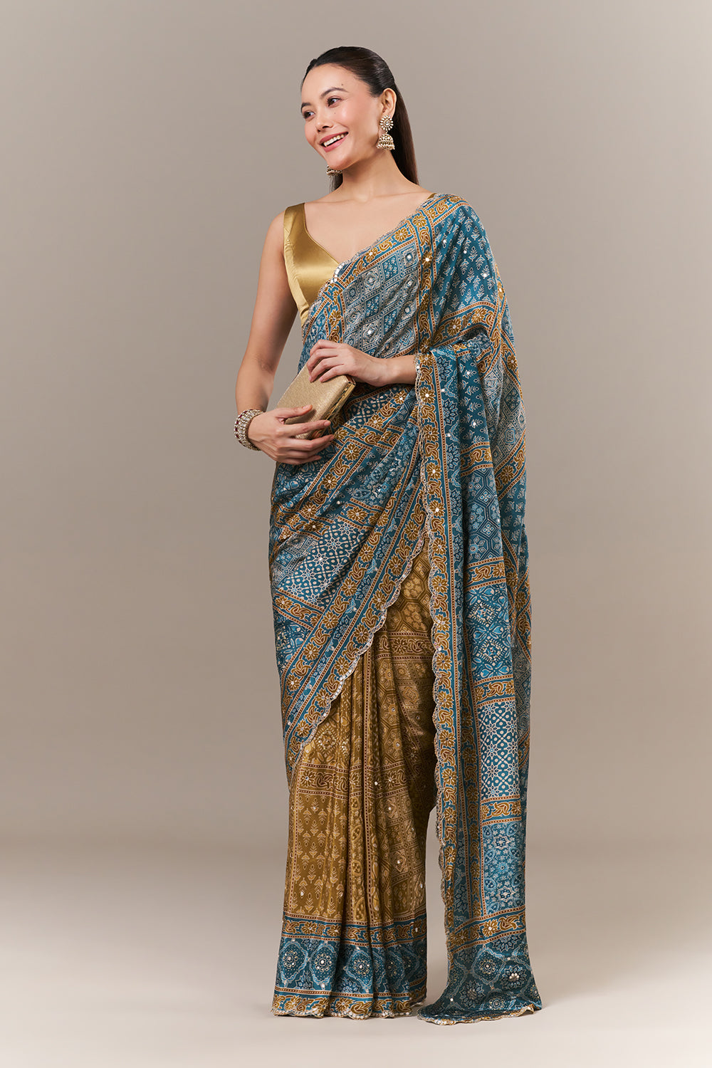 Teal Blue Satin Crepe Woven Saree with Mirror and Sequin Work
