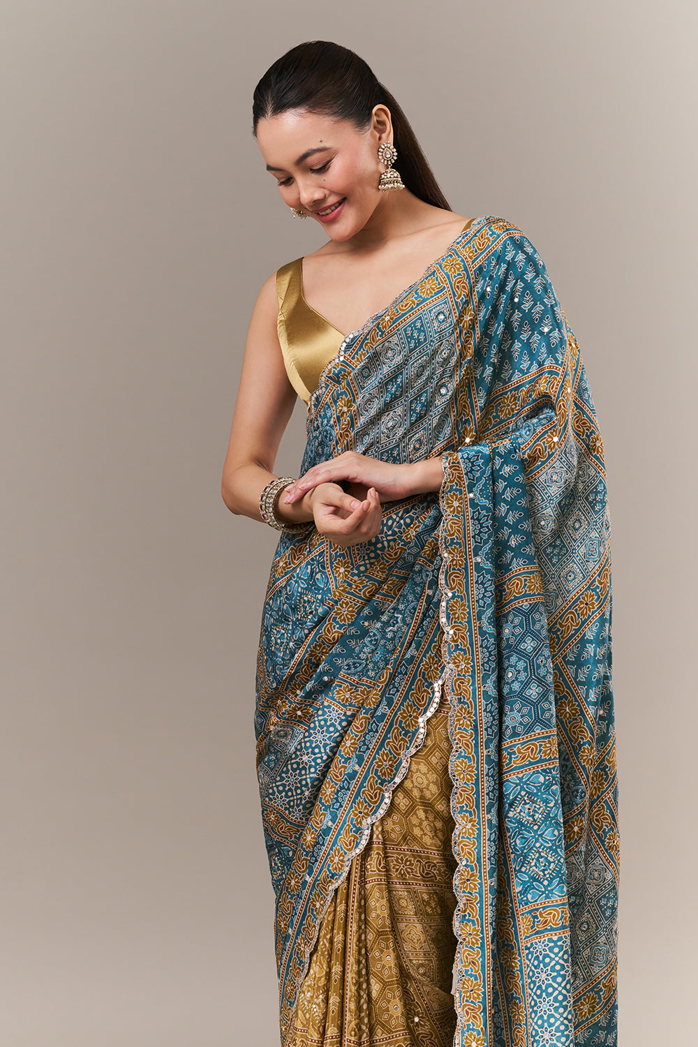 Teal Blue Satin Crepe Woven Saree with Mirror and Sequin Work