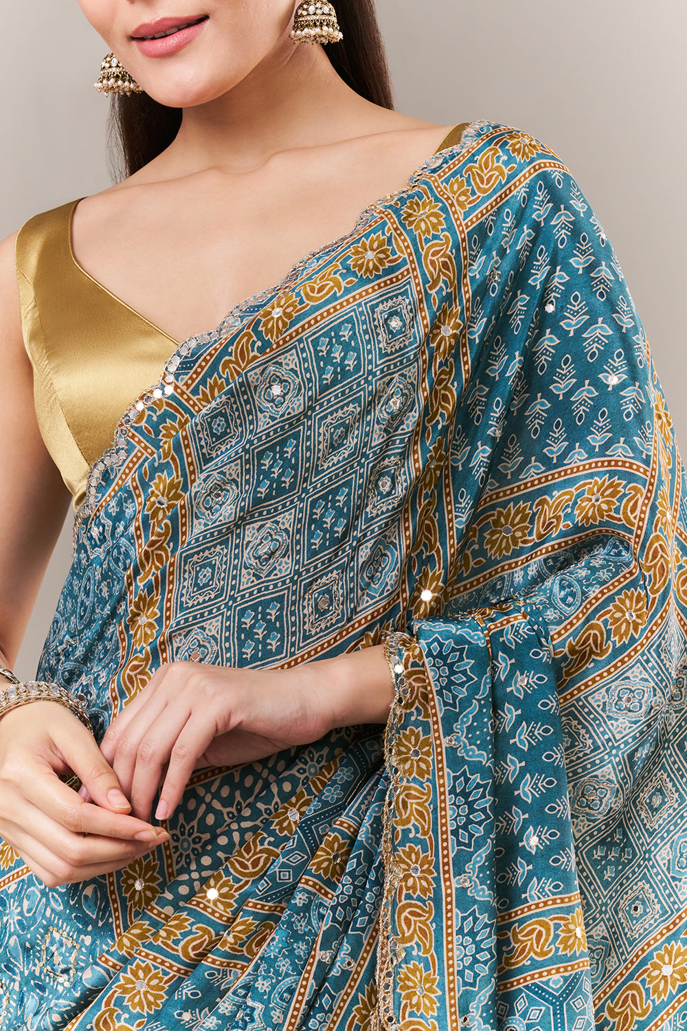 Teal Blue Satin Crepe Woven Saree with Mirror and Sequin Work
