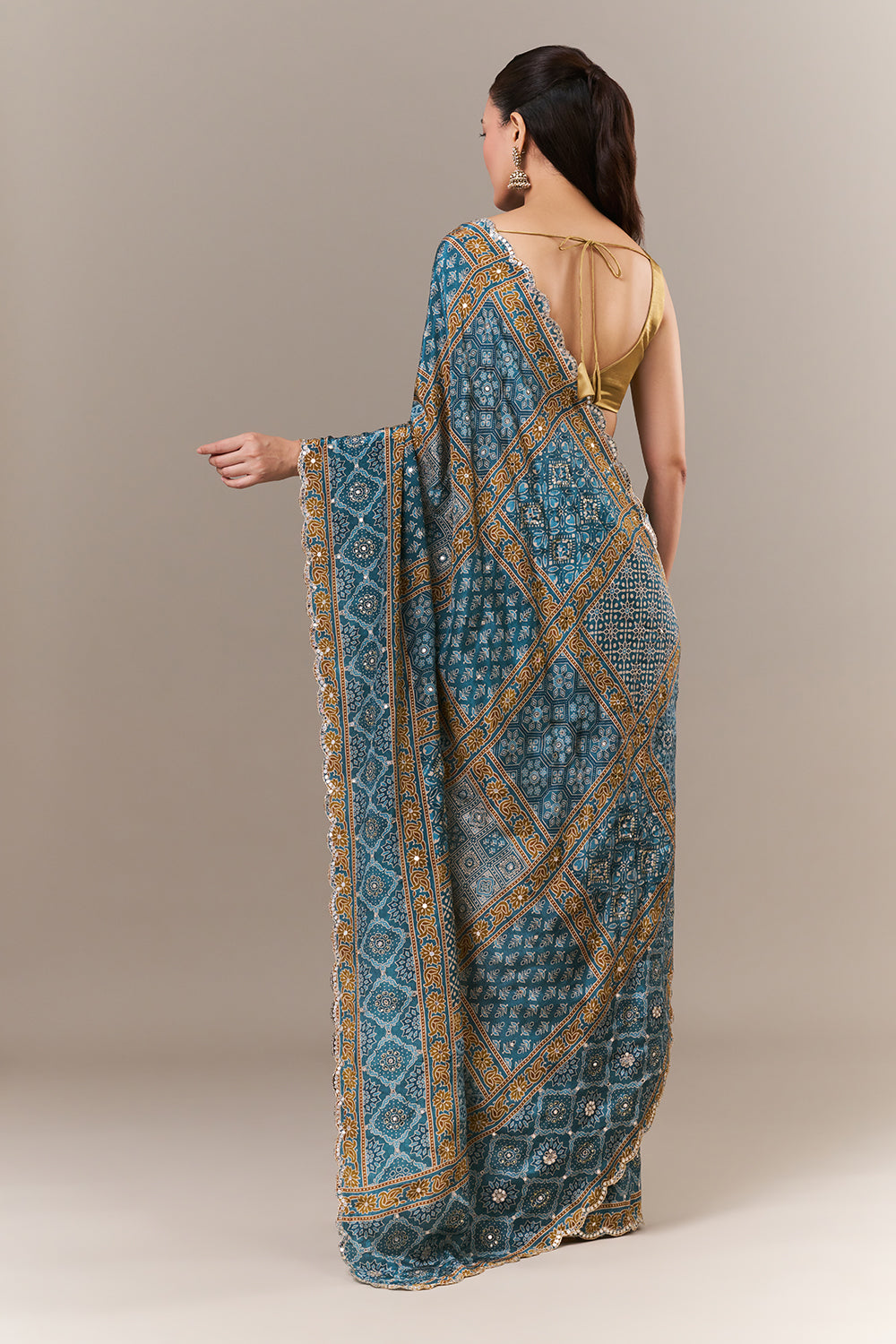 Teal Blue Satin Crepe Woven Saree with Mirror and Sequin Work