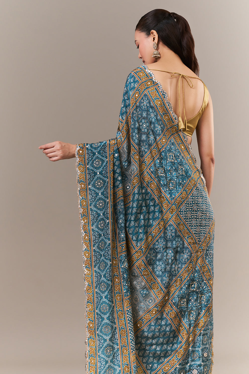Teal Blue Satin Crepe Woven Saree with Mirror and Sequin Work