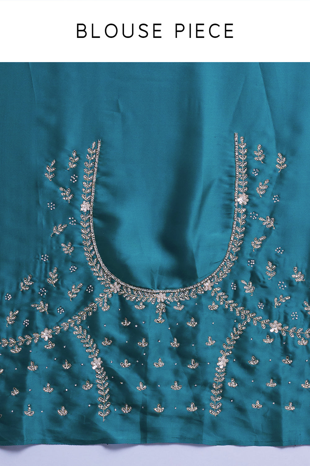 Teal Blue Satin Saree With Ornate Floral Embellishments