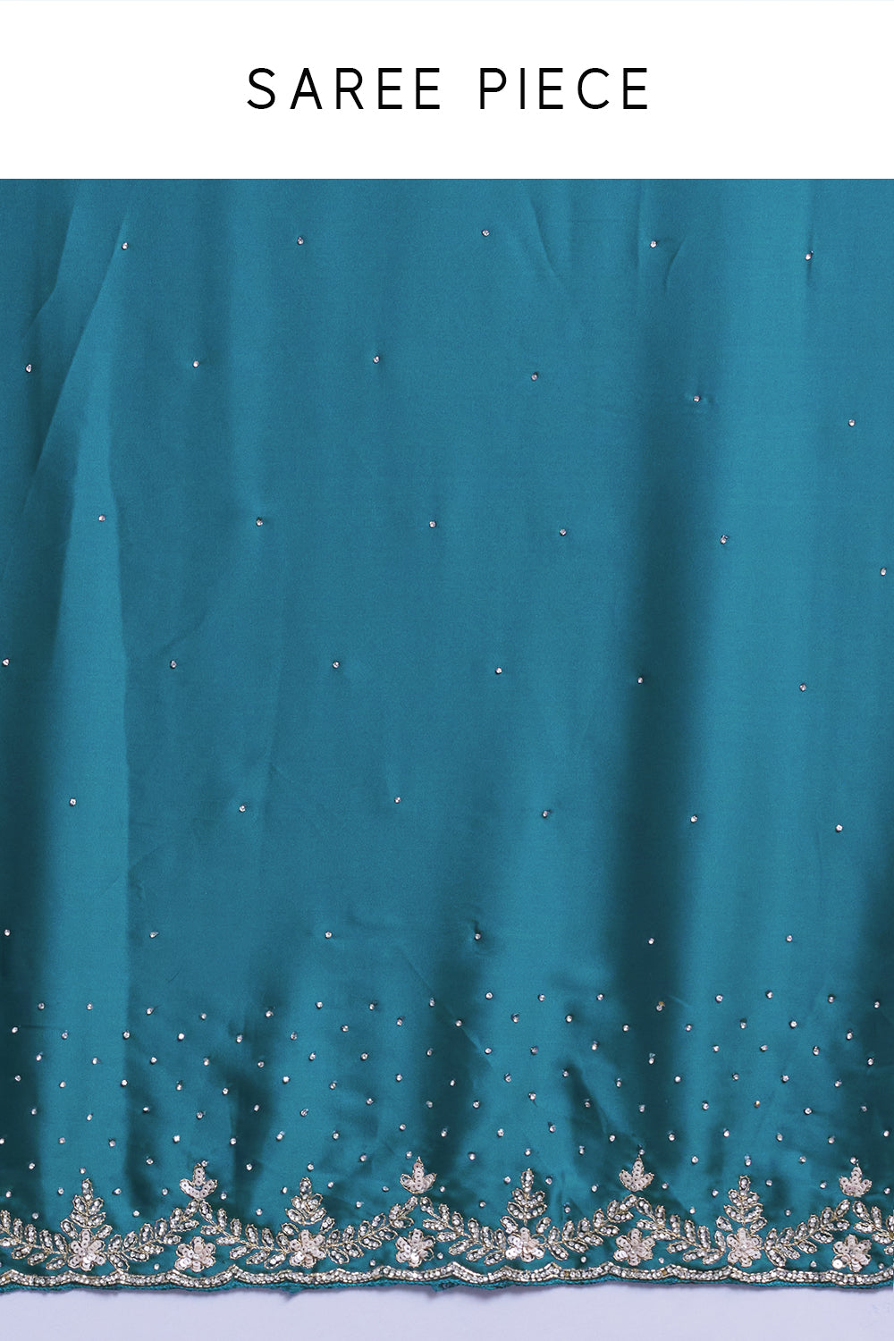 Teal Blue Satin Saree With Ornate Floral Embellishments