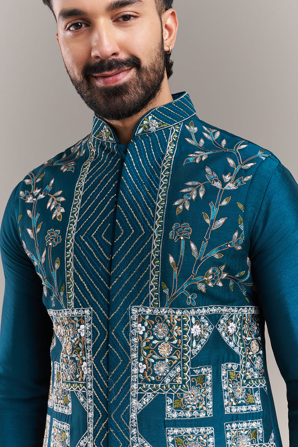 Teal Blue Silk Blend Geometric Panel Men's Kurta with Jacket