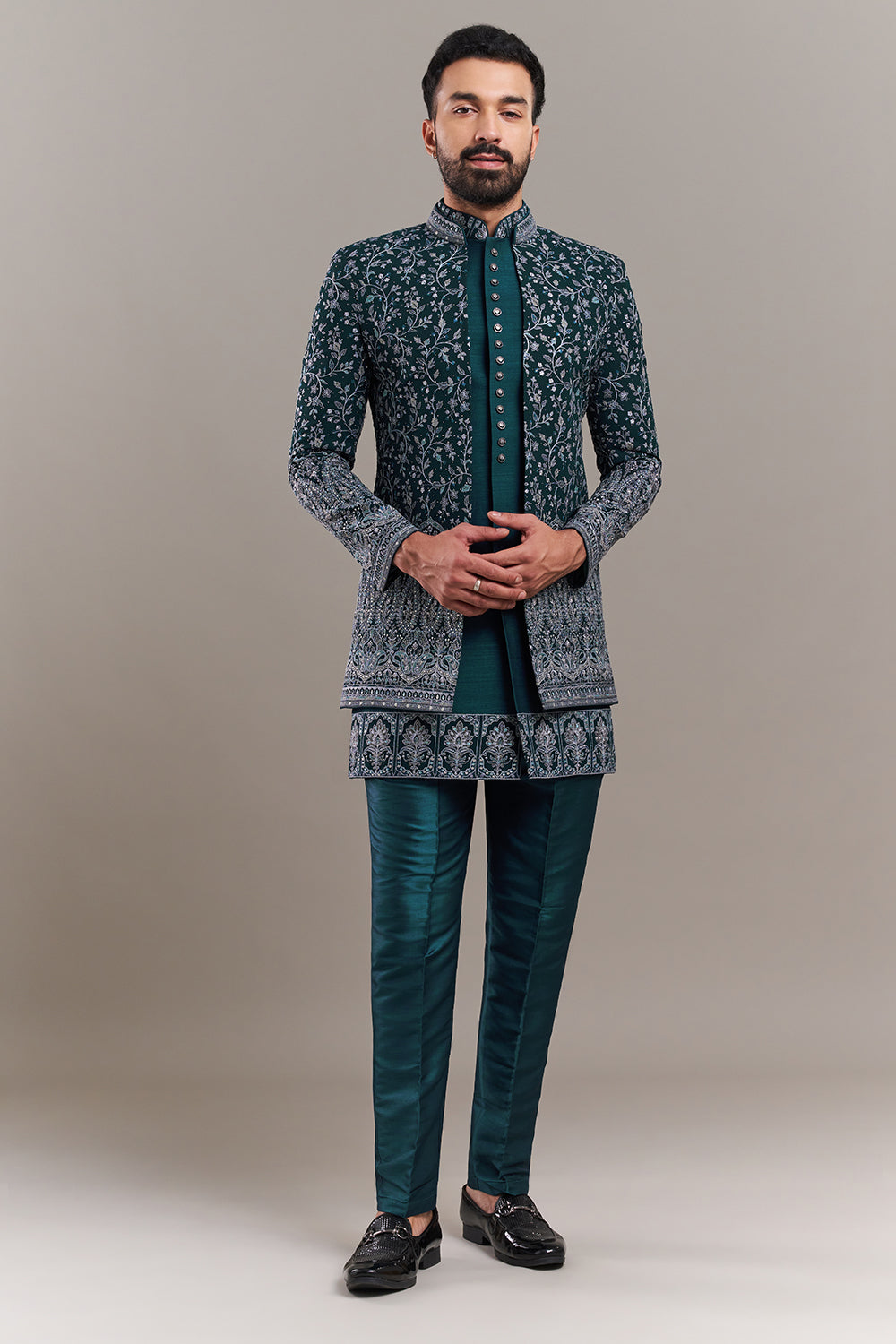 Teal Blue Silk Blend Resham Work Men's Indo-Western Set