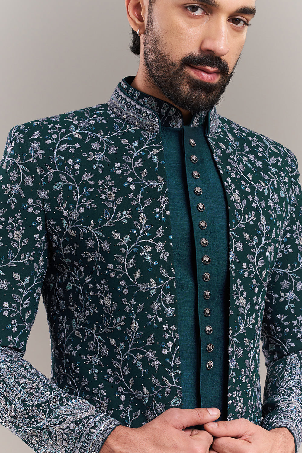 Teal Blue Silk Blend Resham Work Men's Indo-Western Set