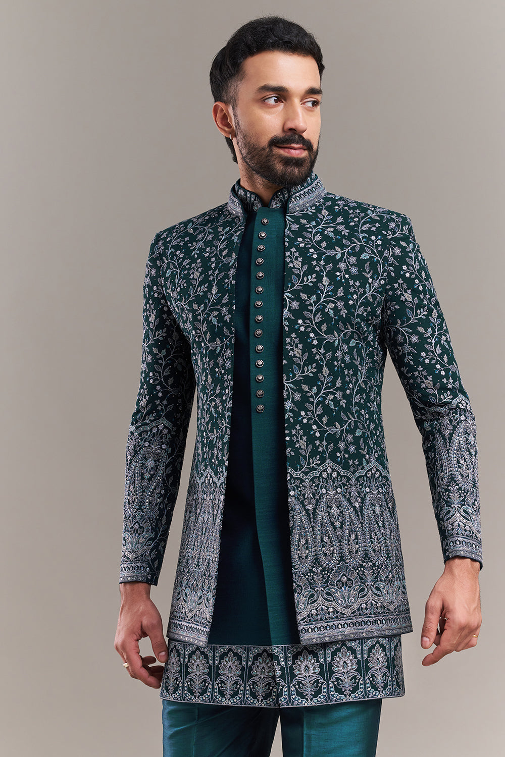 Teal Blue Silk Blend Resham Work Men's Indo-Western Set
