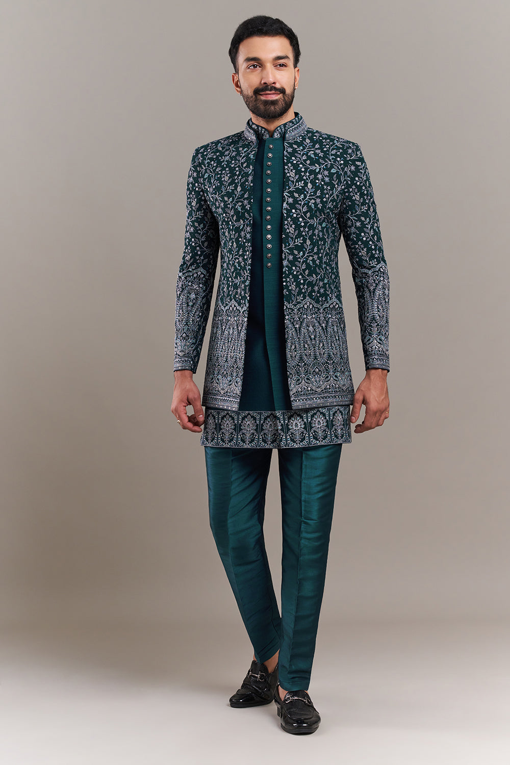 Teal Blue Silk Blend Resham Work Men's Indo-Western Set